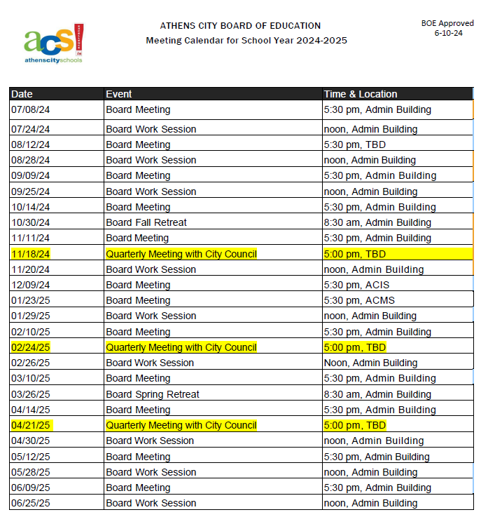BOE Schedule of Meetings for Year