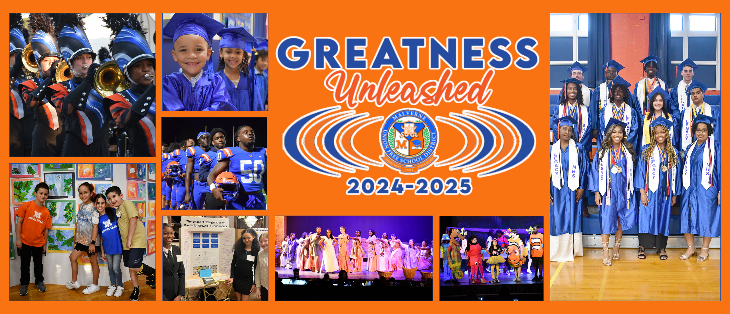 Photo collage of students from various Malverne Schools with Greatness Unleashed logo