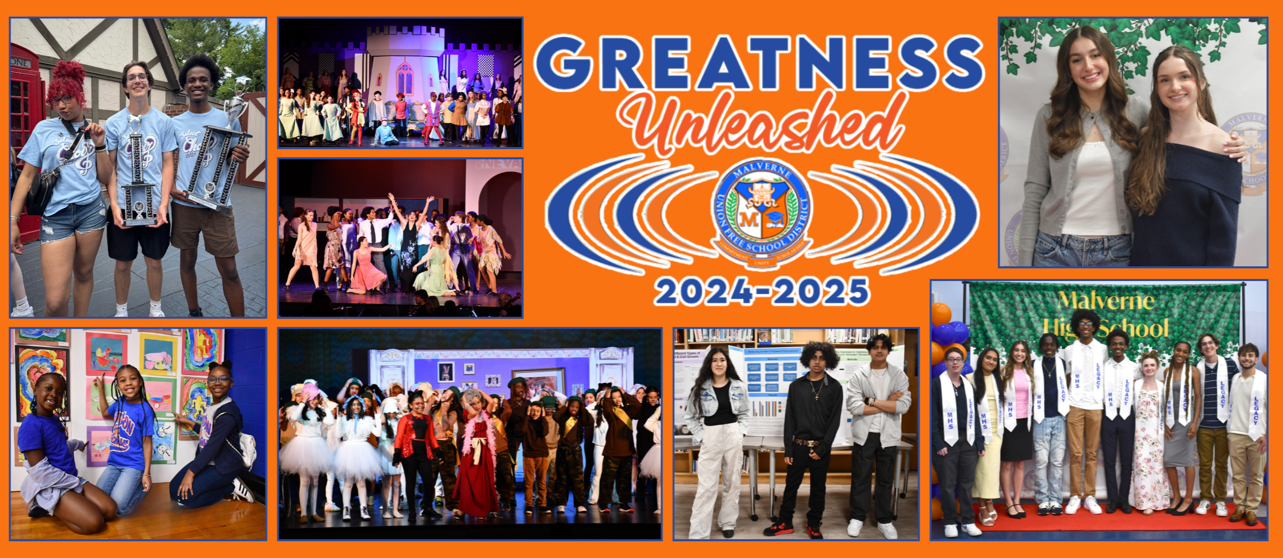 Photo collage of students from various Malverne Schools with Greatness Unleashed logo