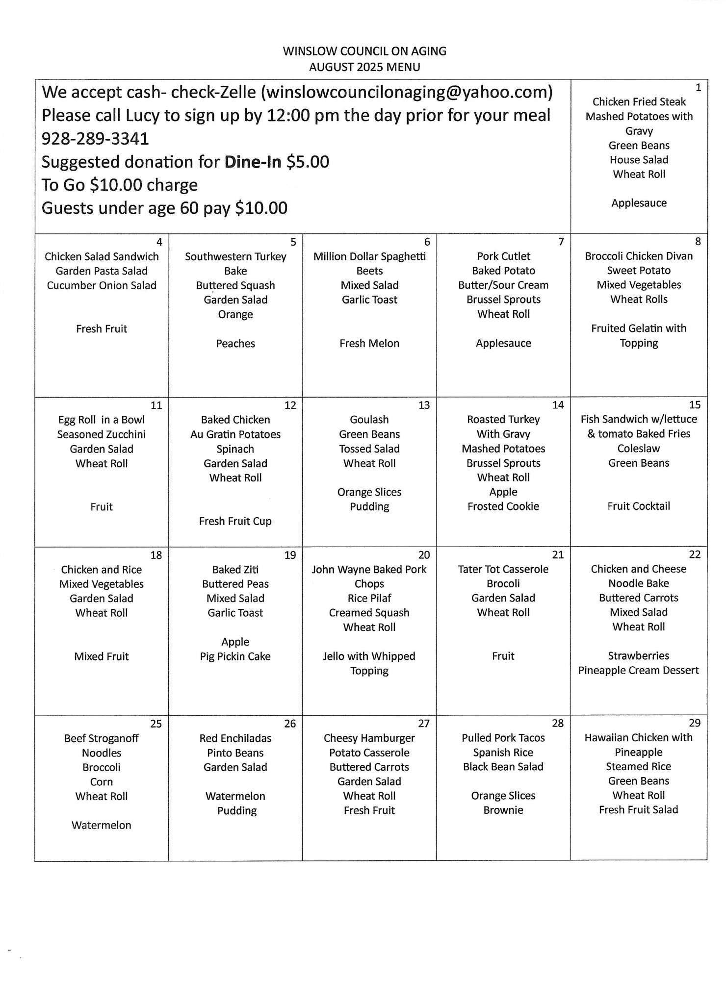 AUGUST 2025 LUNCH MENU