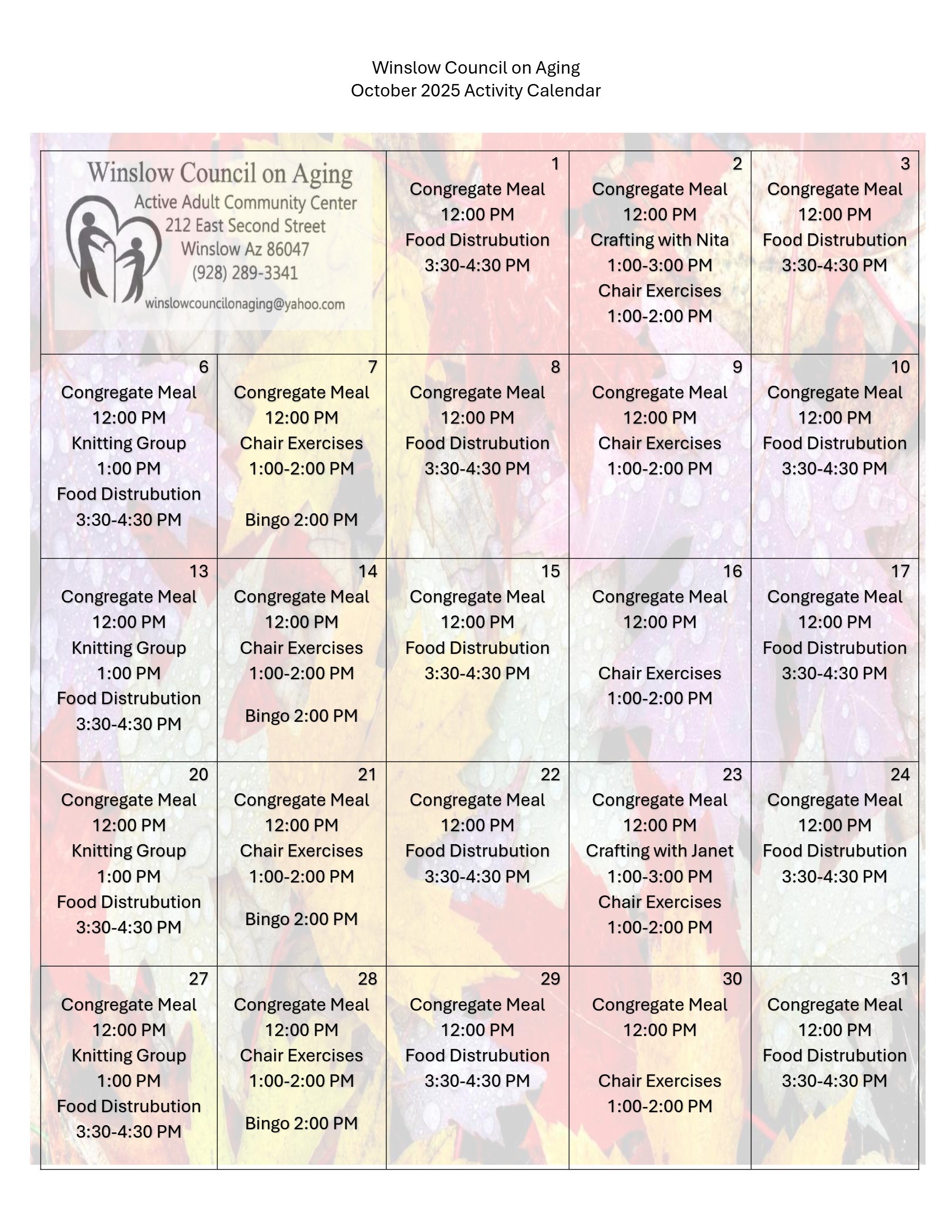 OCTOBER ACTIVITY CALENDAR