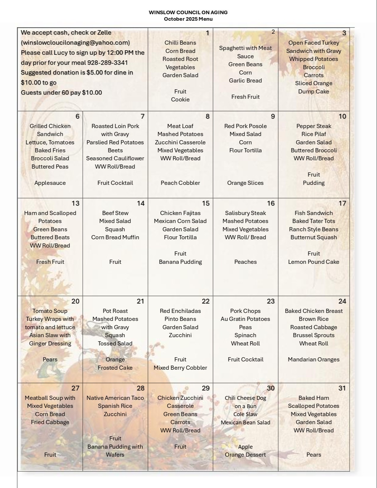 OCTOBER MENU