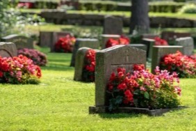 headstones with flowers