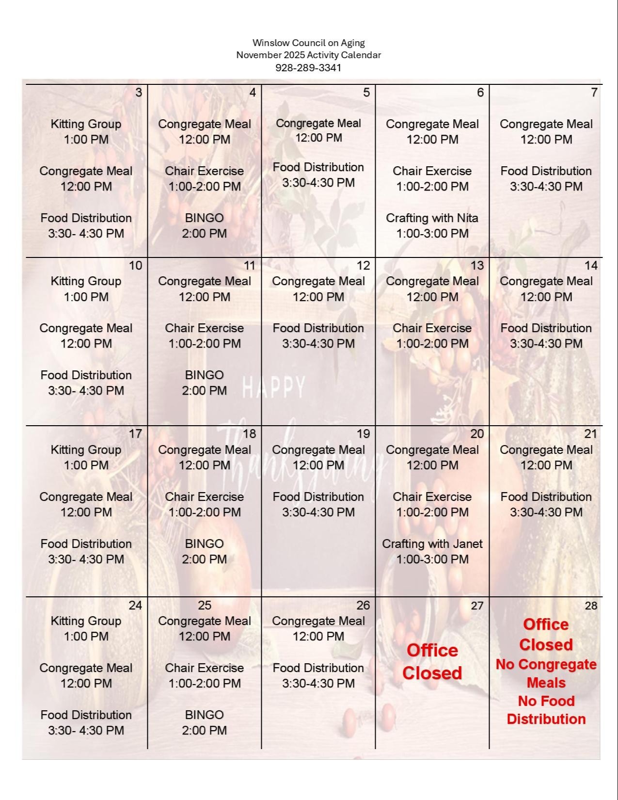 NOVEMBER ACTIVITY CALENDAR