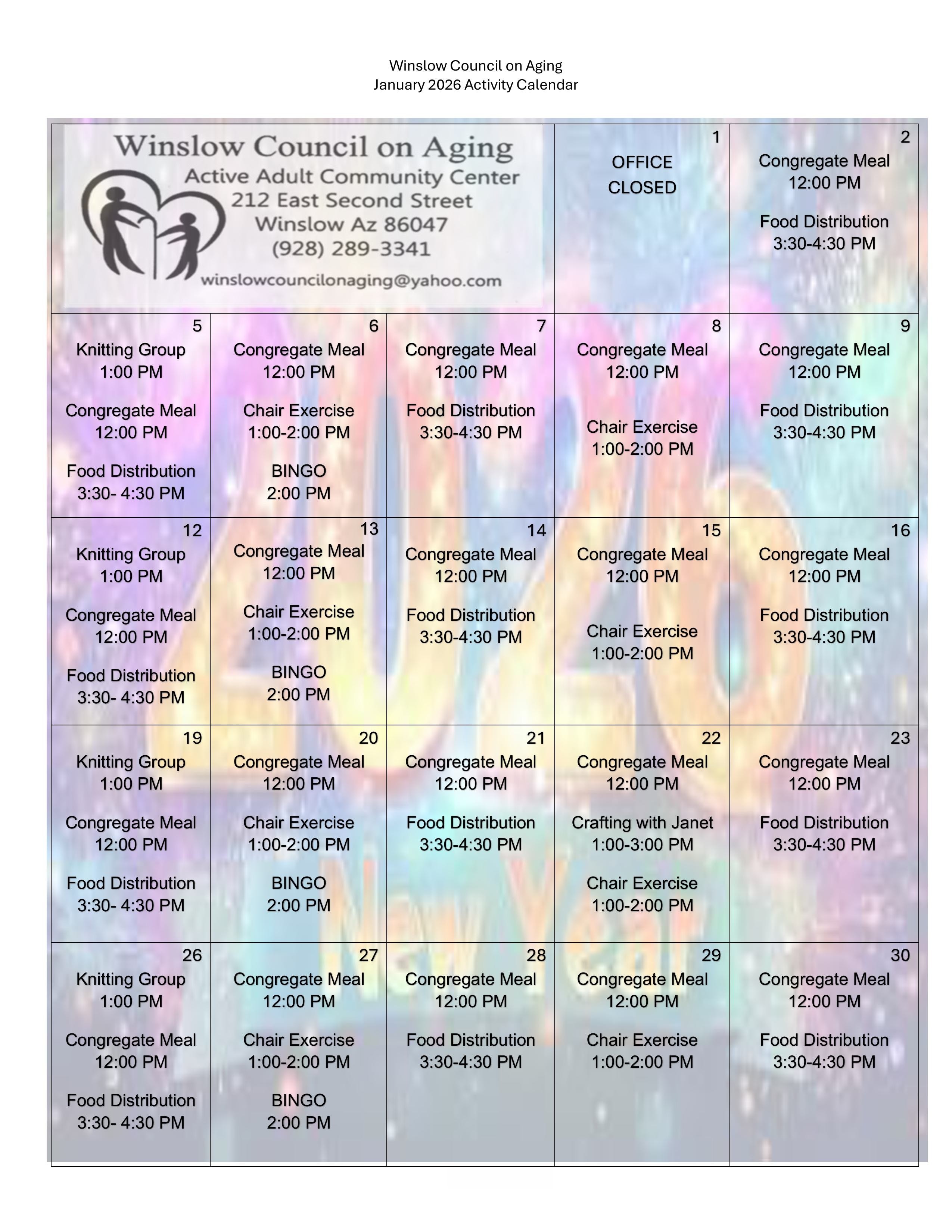 JANUARY  ACTIVITY CALENDAR