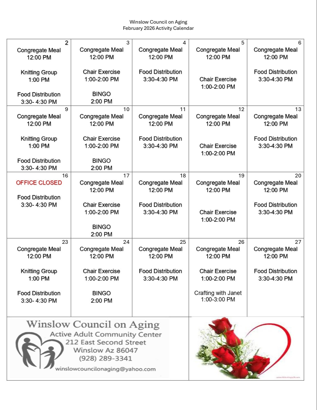 FEBRUARY  ACTIVITY CALENDAR