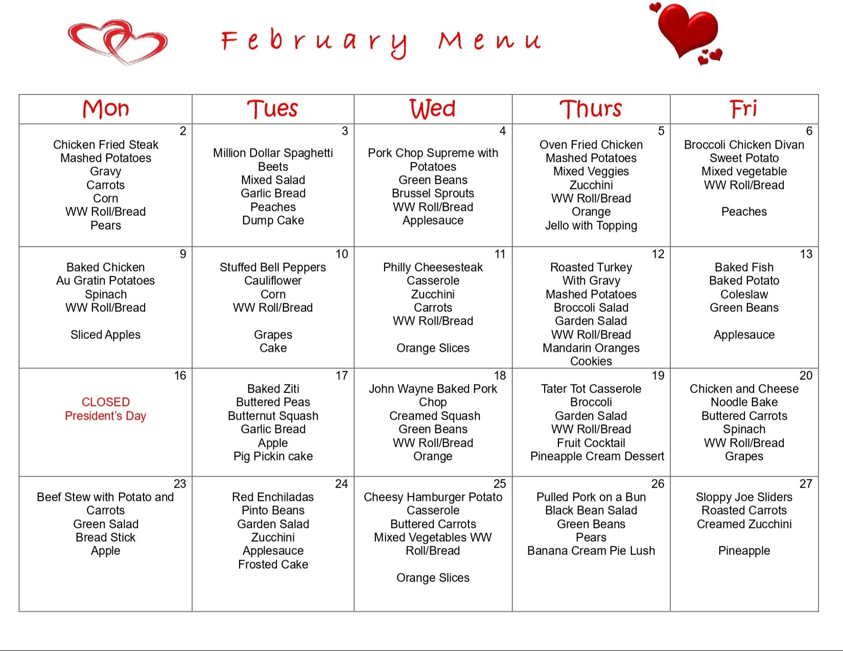 FEBRUARY MENU