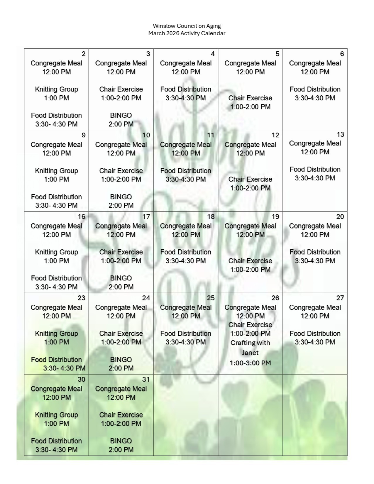 MARCH ACTIVITY CALENDAR