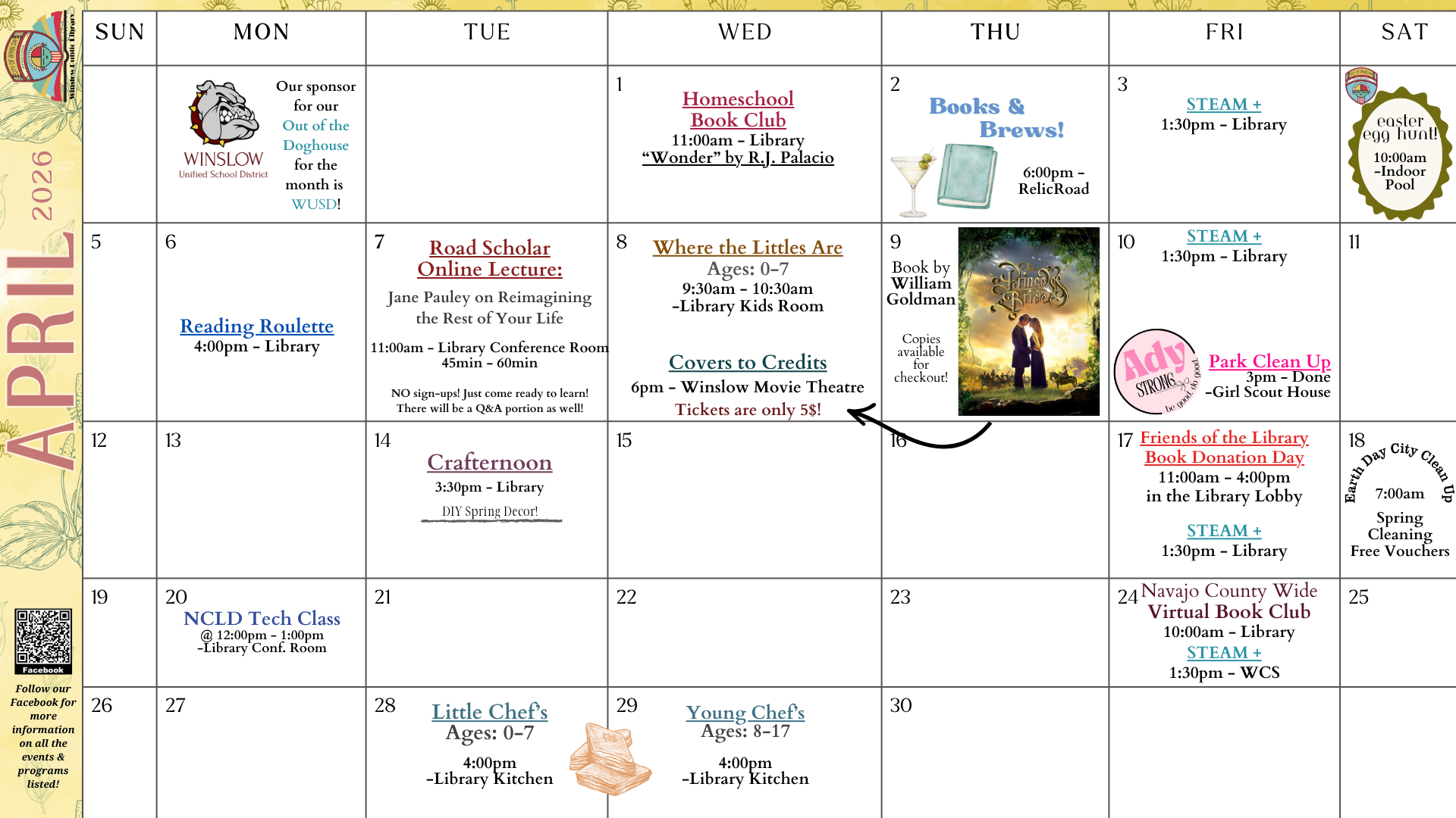 Winslow Public Library's Monthly Calendar of Events