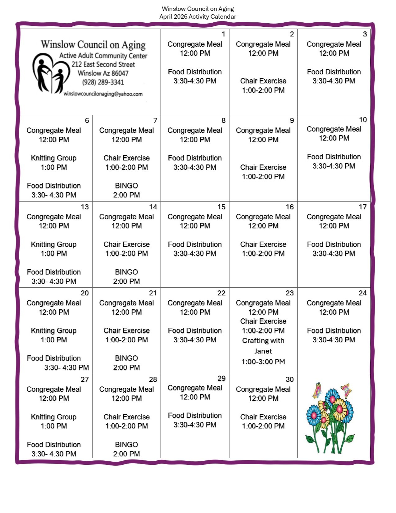 APRIL  ACTIVITY CALENDAR