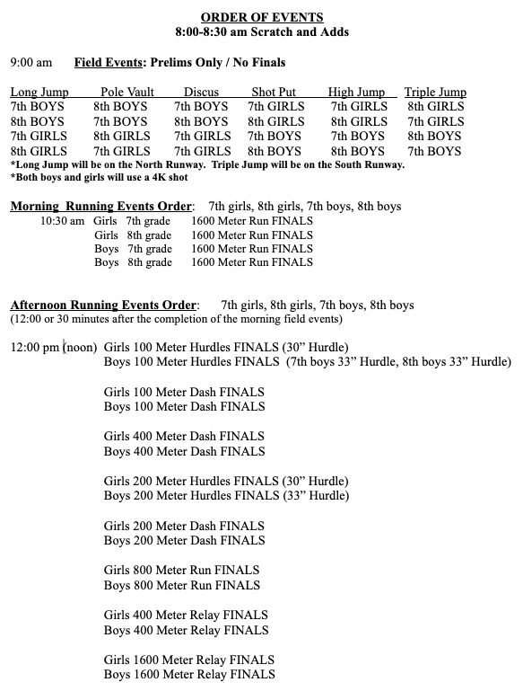 PCS Jr High Track Meet Schedule of Events