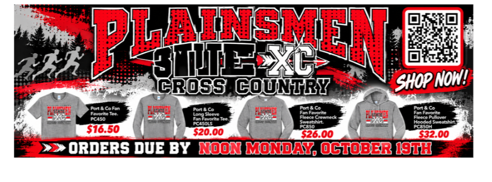 Wide promotional banner for Perkins County Plainsmen State Cross Country 2026 apparel store. The banner features a bold red, black, white, and gray design with distressed graphics, running silhouettes, and the words 'PLAINSMEN STATE XC CROSS COUNTRY' prominently displayed. Four gray apparel options are pictured: Port & Co Fan Favorite Tee (PC450) for $16.50, Long Sleeve Fan Favorite Tee (PC450LS) for $20.00, Fan Favorite Fleece Crewneck Sweatshirt (PC850) for $26.00, and Fan Favorite Fleece Pullover Hooded Sweatshirt (PC850H) for $32.00. A QR code appears in the upper right corner with the words 'SHOP NOW!' for accessing the online apparel store at https://plainsmenxc2026.itemorder.com/shop/home/. A large red, black, and white banner across the bottom emphasizes the ordering deadline: 'ORDERS DUE BY NOON MONDAY, OCTOBER 19TH.