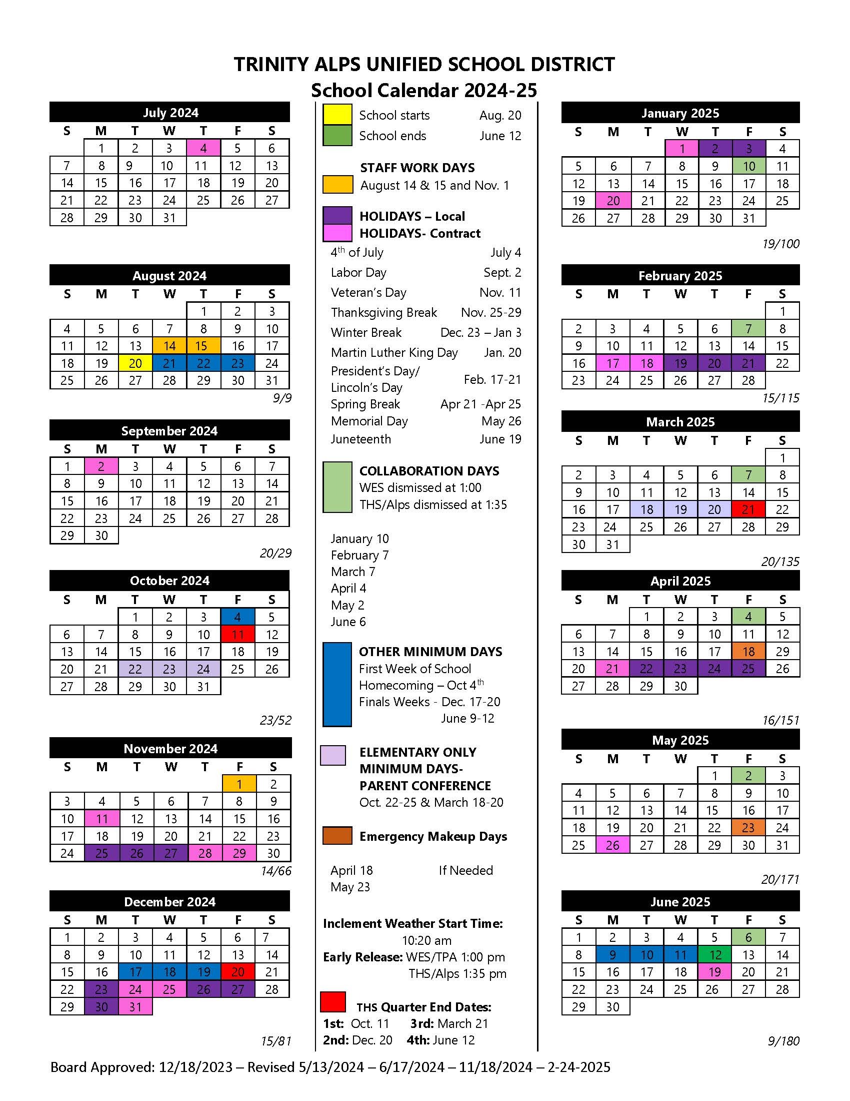 image of 24-25 tausd calendar