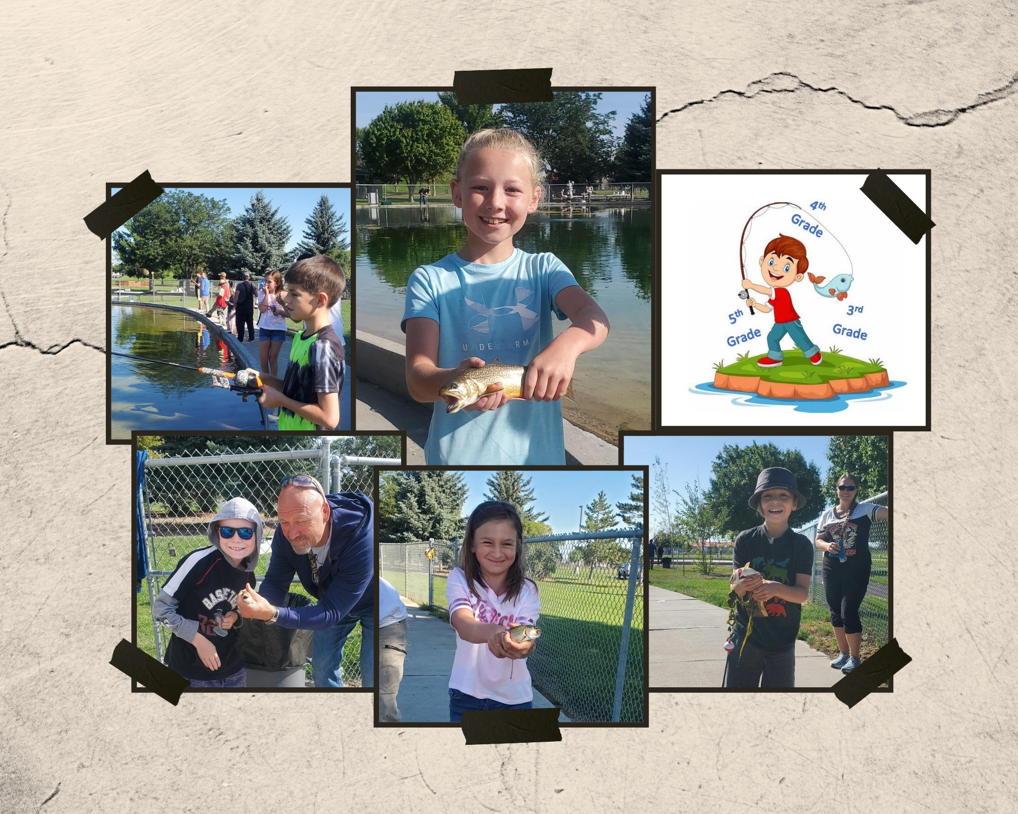 5 different pictures of 4th graders fishing