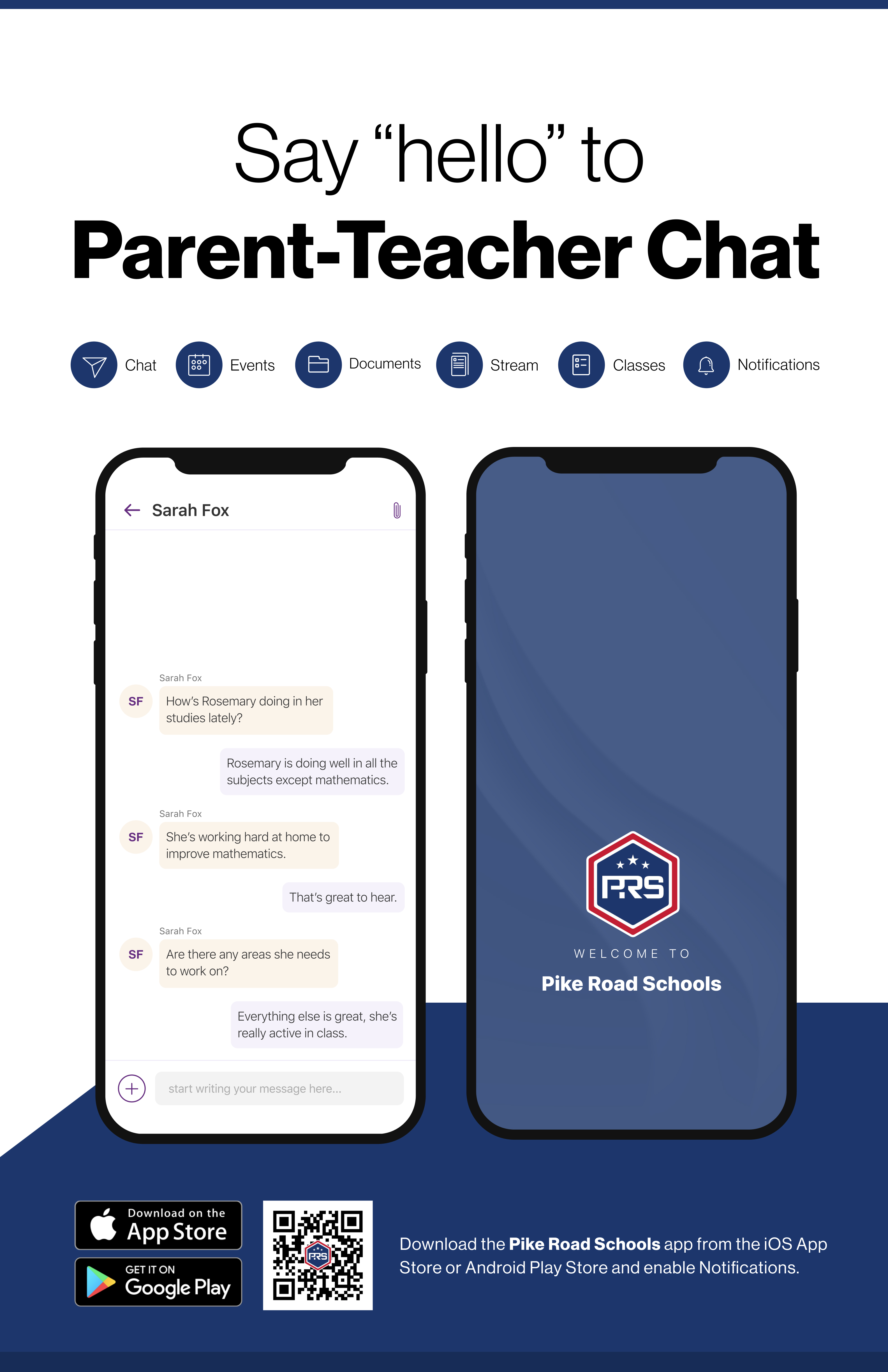 Say hello to Parent-Teacher chat in the new Rooms app. Download the Pike Road Schools app in the Google Play or Apple App store.