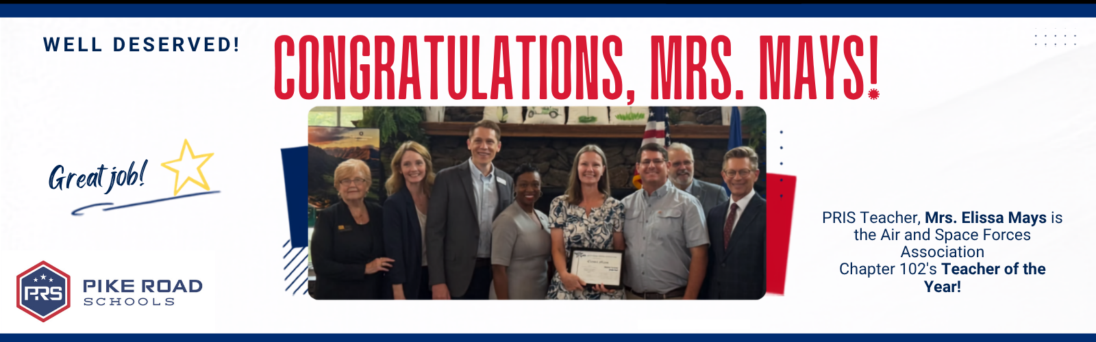 Congratulations, Mrs. Mays for being awarded the Air &amp; Space Forces Association Chapter 102's Teacher of the Year!