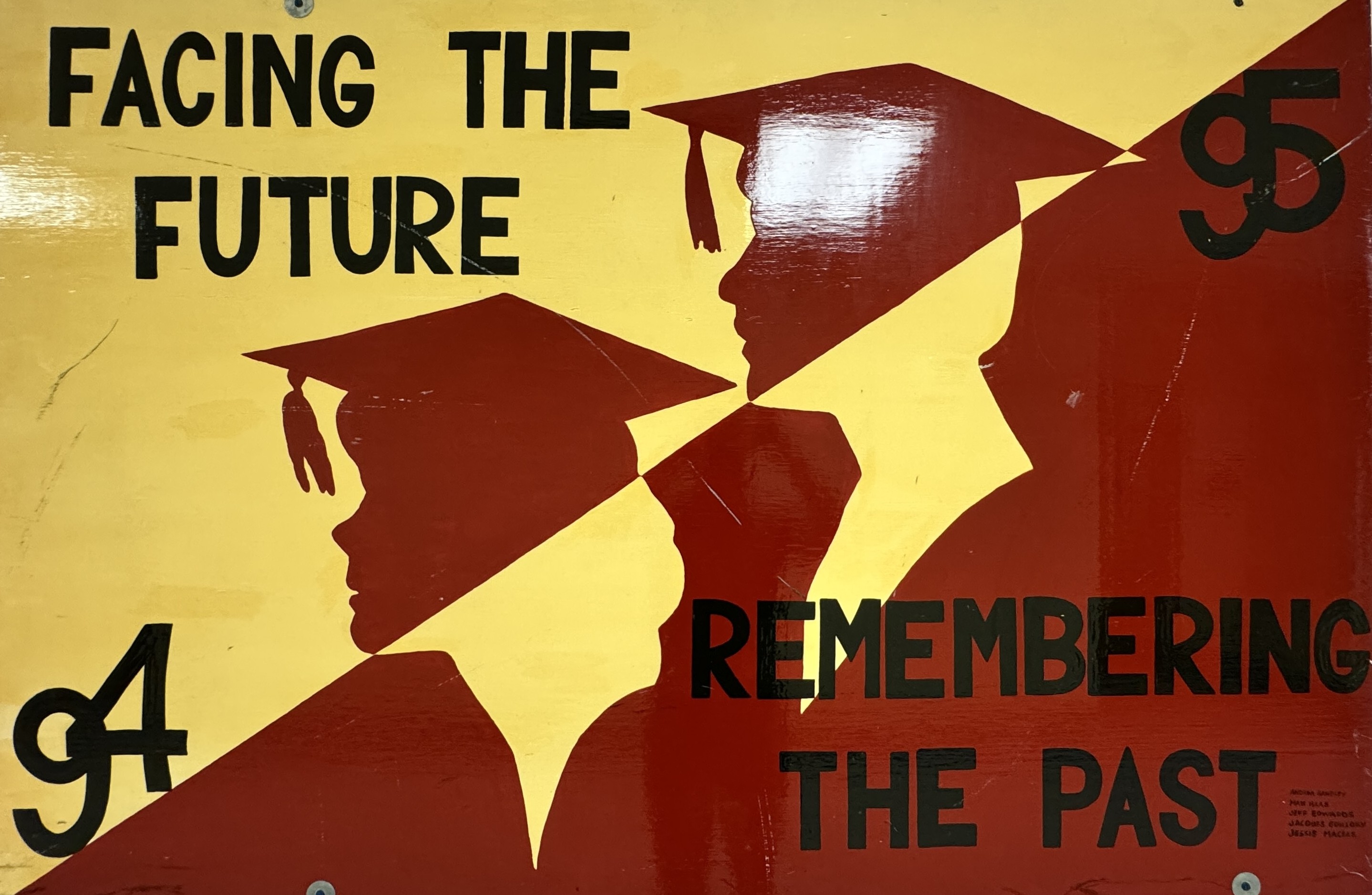Poster with a yellow and red background featuring three red silhouettes of graduates in caps and gowns. The top left text reads 'Facing the Future,' and the bottom right text reads 'Remembering the Past.' The numbers '94' and '95' are displayed near the respective figures.