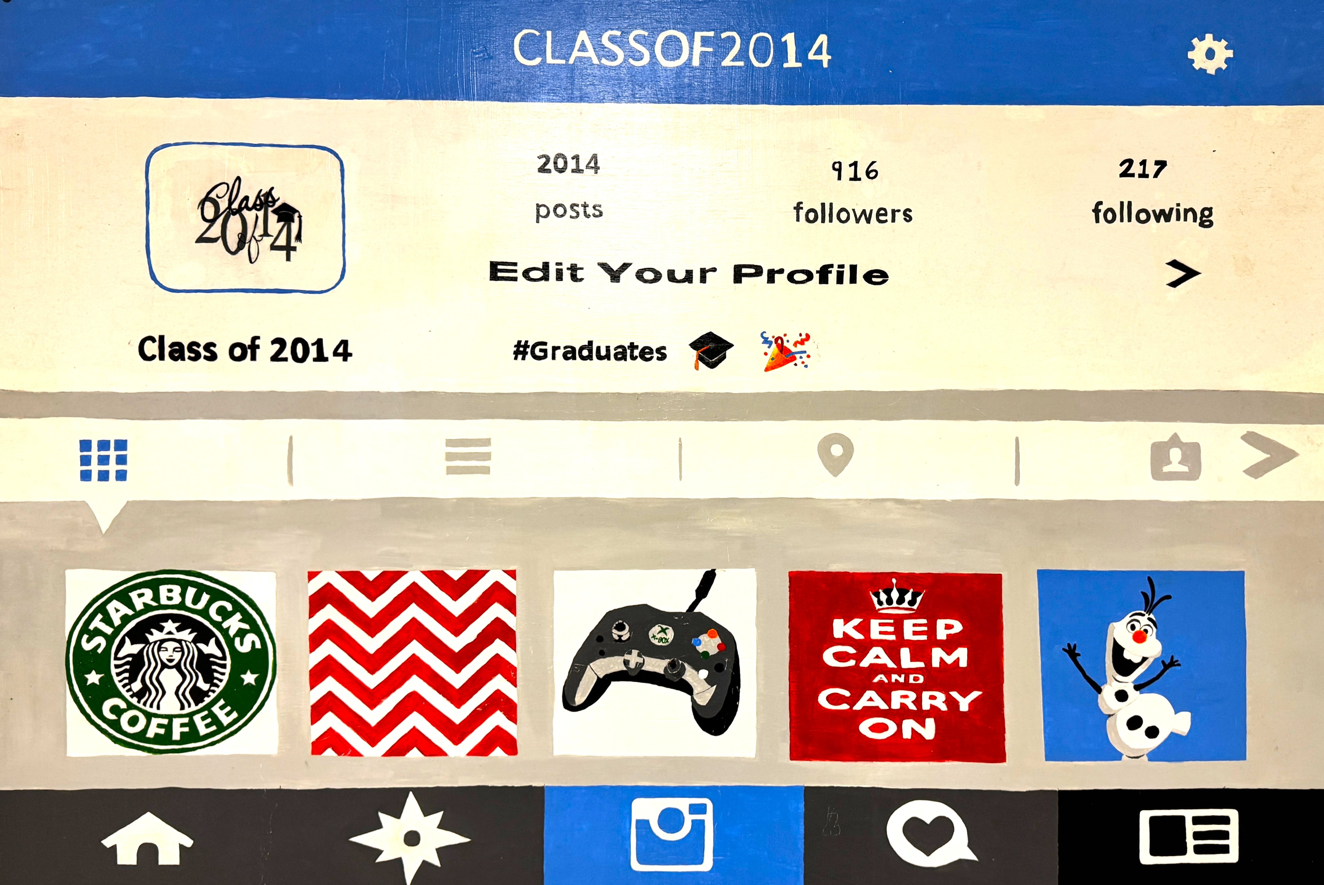 A mural designed to look like a social media profile page for "CLASSOF2014." It includes the profile name “Class of 2014,” with 2014 posts, 916 followers, and 217 following. The profile description includes the hashtag "#Graduates" with a graduation cap and party emoji. Below are six square icons resembling Instagram posts: the Starbucks Coffee logo, a red and white zigzag pattern, a video game controller, a red "Keep Calm and Carry On" poster, and Olaf the snowman from Frozen on a blue background. The bottom row features icons that resemble a home, compass, Instagram logo, heart, and menu.