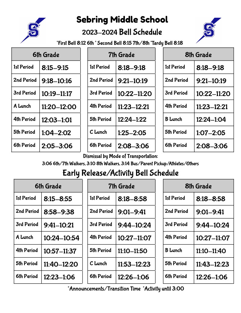 Bell Schedule Sebring Middle School