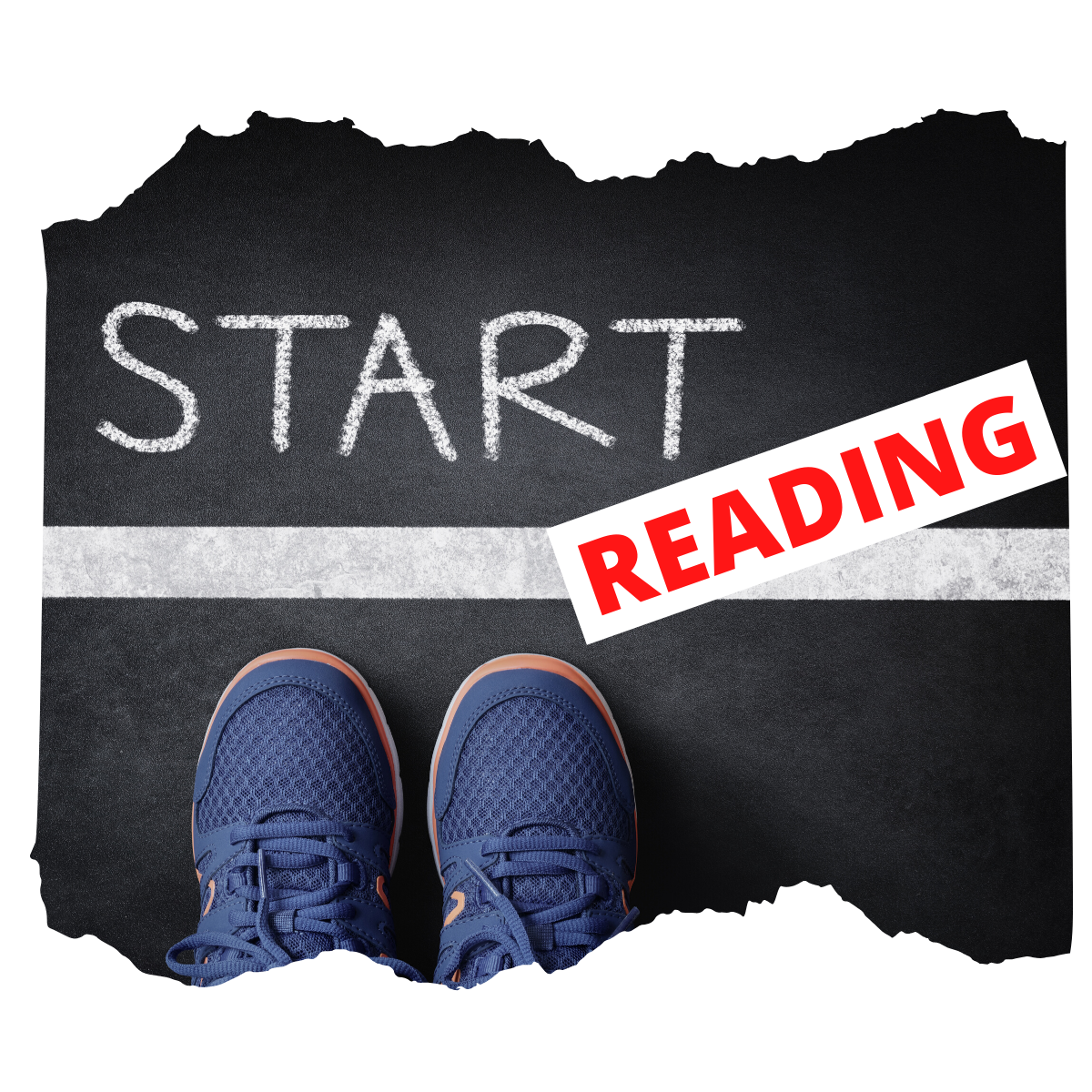 A pair of blue sneakers stands at a "START" line, with a bold "READING" sign overlaying the image, symbolizing the beginning of a reading journey.