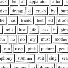 A collage of words arranged in a grid, featuring various nouns, verbs, and adjectives on white cards with black outlines.