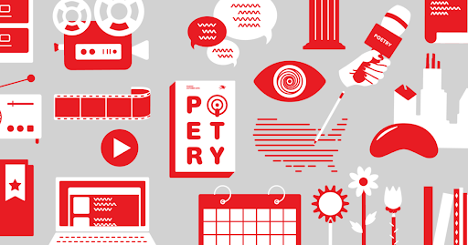 A collage of red and white icons representing poetry, creativity, and media, including microphones, film reels, and artistic tools on a gray background.