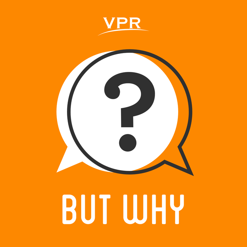 Logo for the podcast "But Why," featuring a white speech bubble with a question mark on an orange background, labeled with "VPR."