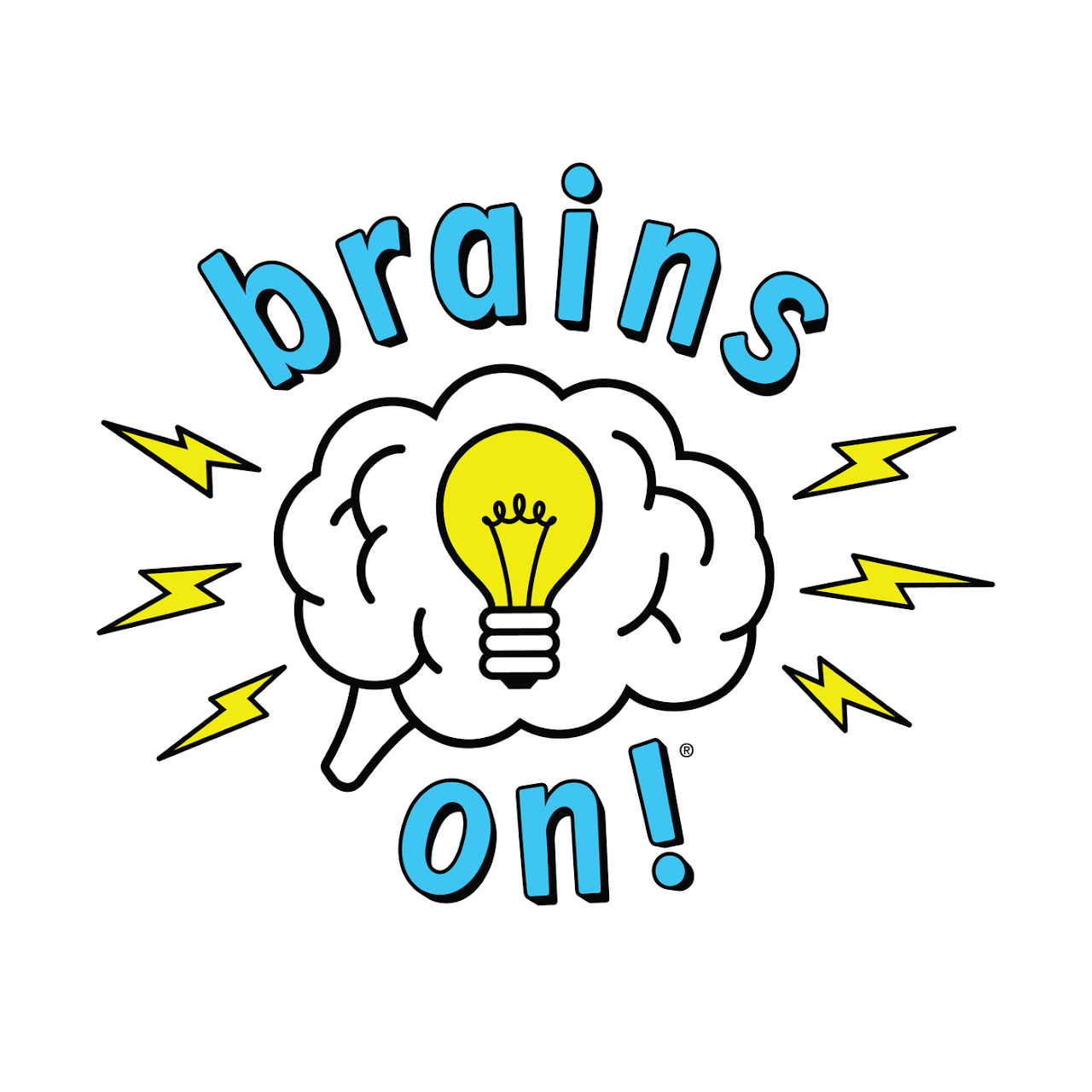 Colorful illustration featuring a brain with a light bulb and lightning bolts, captioned "brains on!" in playful typography.