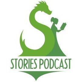 Logo for "Stories Podcast," featuring a green dragon and a woman reading a book, encapsulating storytelling and fantasy themes.
