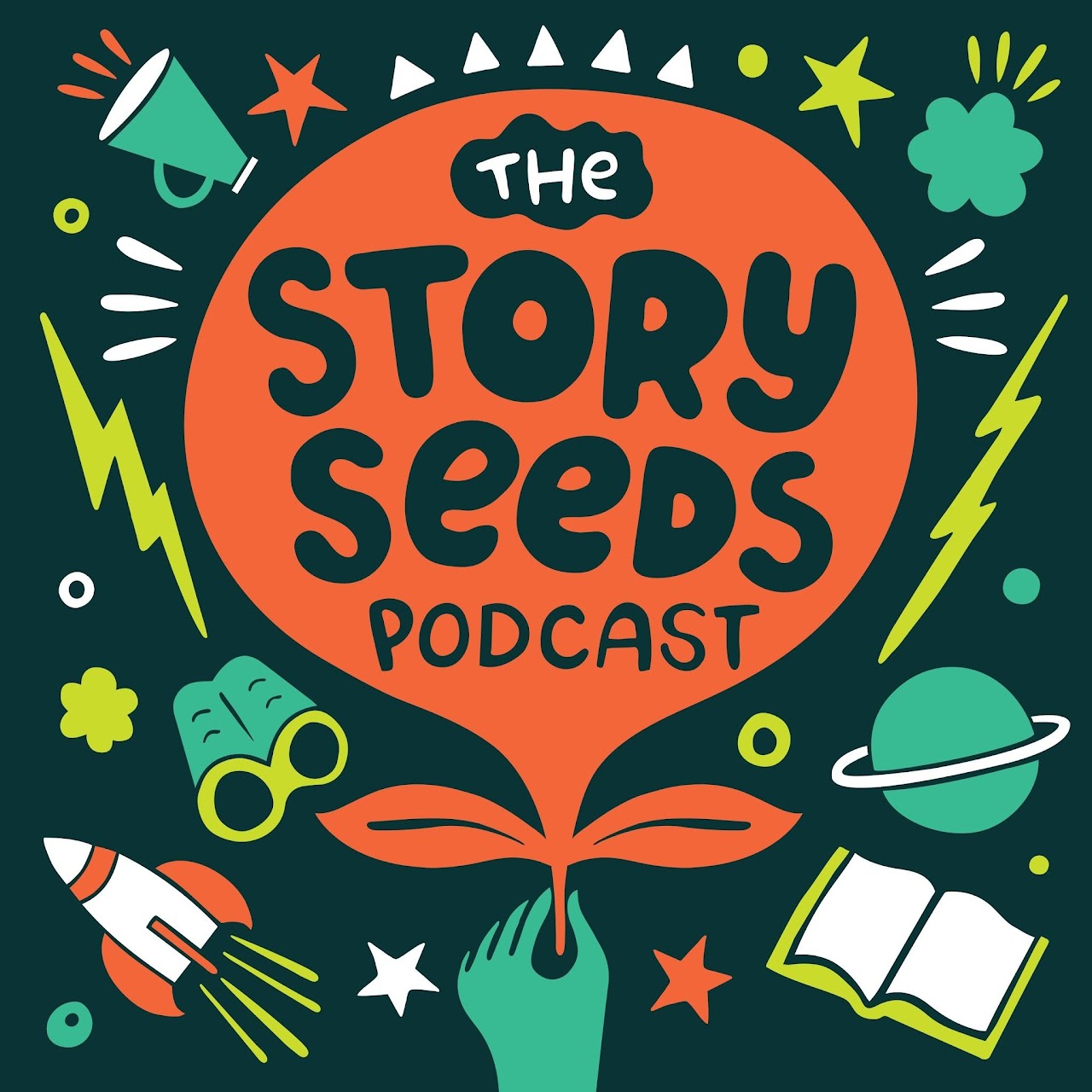 Colorful logo for "The Story Seeds Podcast," featuring playful elements like a rocket, binoculars, and a hand nurturing a seedling.
