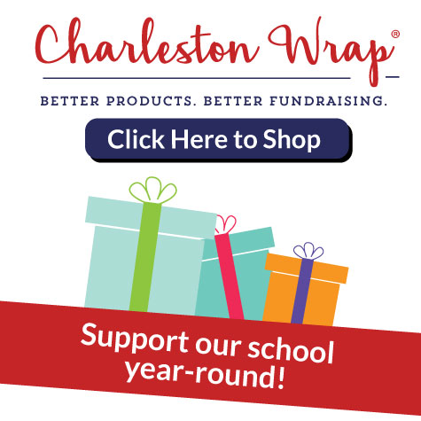 Promotional graphic for Charleston Wrap with colorful gift boxes and a call to action to support school fundraising year-round.