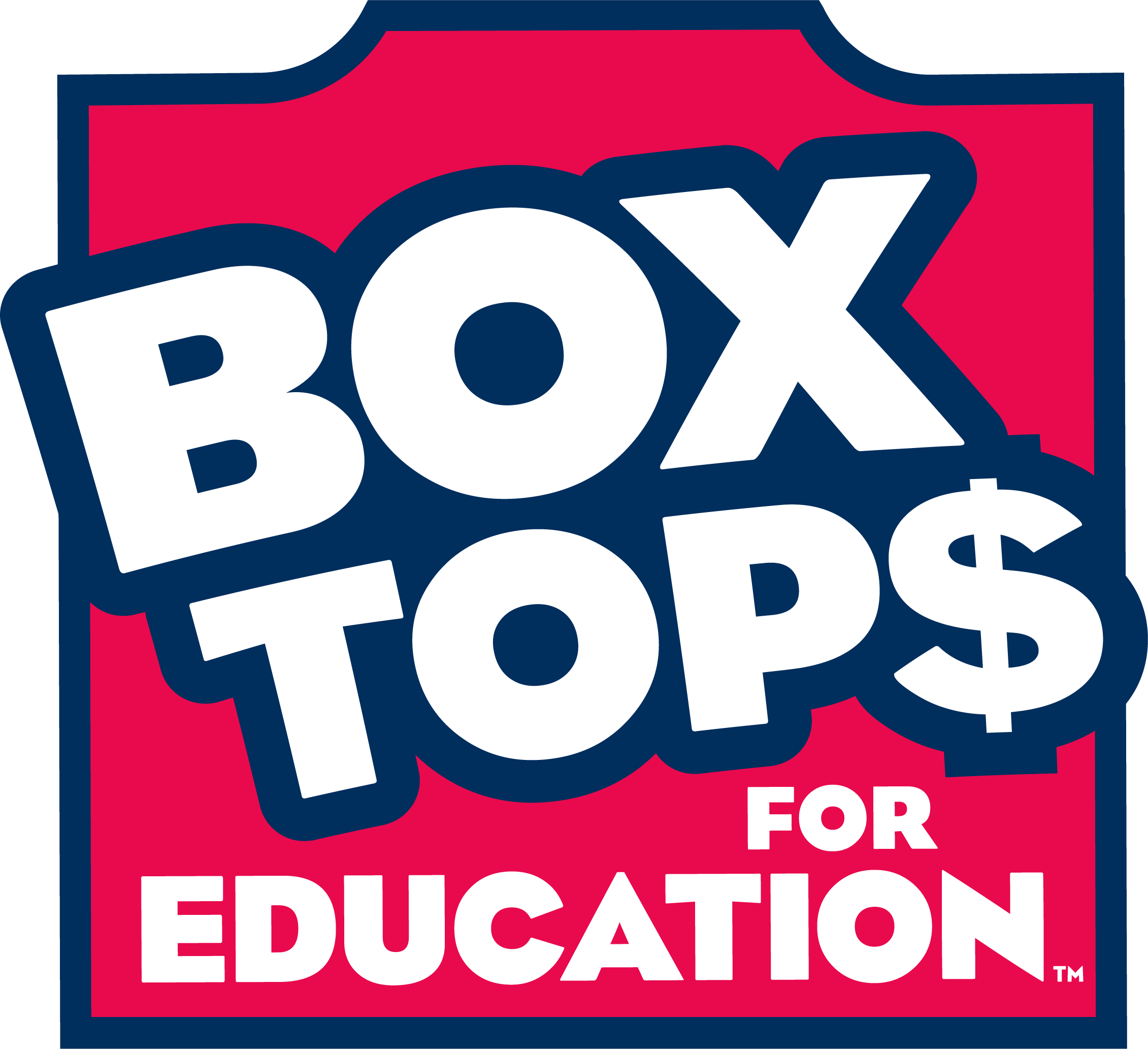 Logo for Box Tops for Education, featuring bold text on a pink background, promoting school fundraising through grocery items.