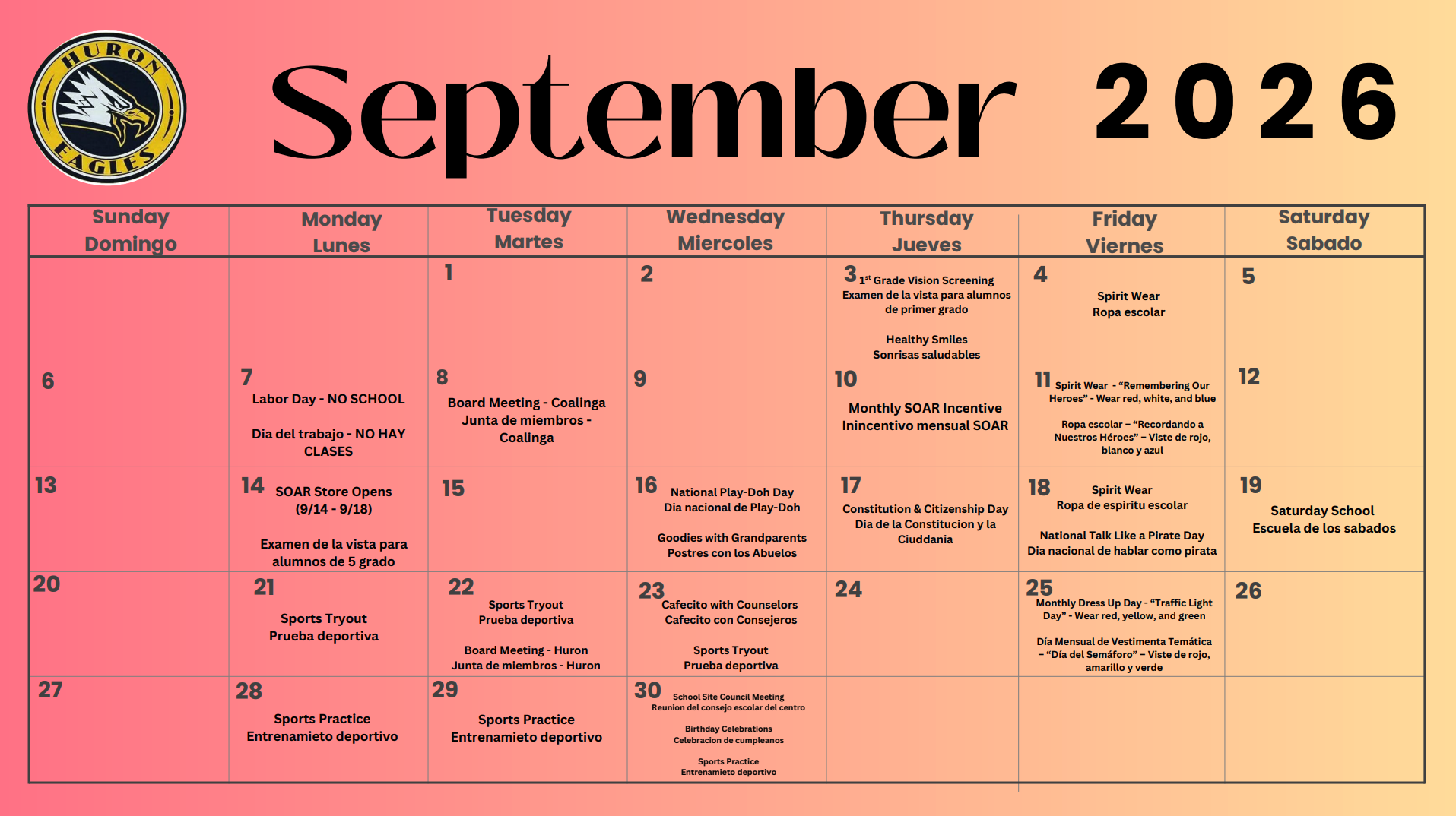 Huron Elementary Septemeber 2026 Calendar
