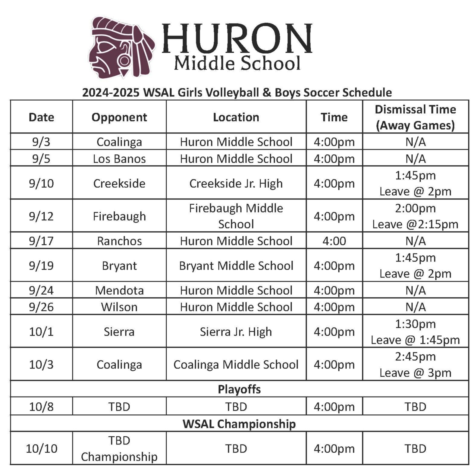 Volleyball / Boys' Soccer Schedule