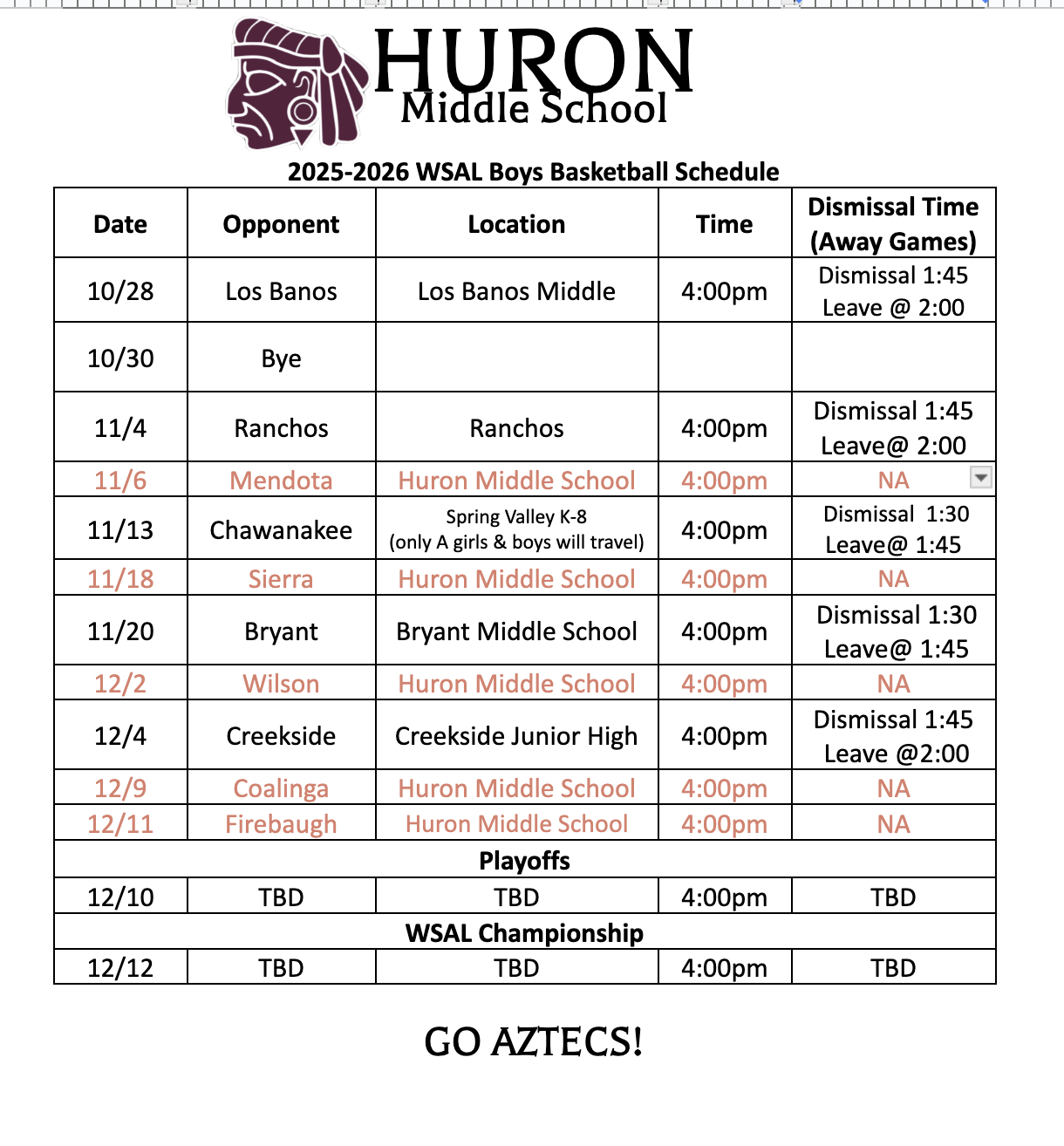 Boys Basketball schedule