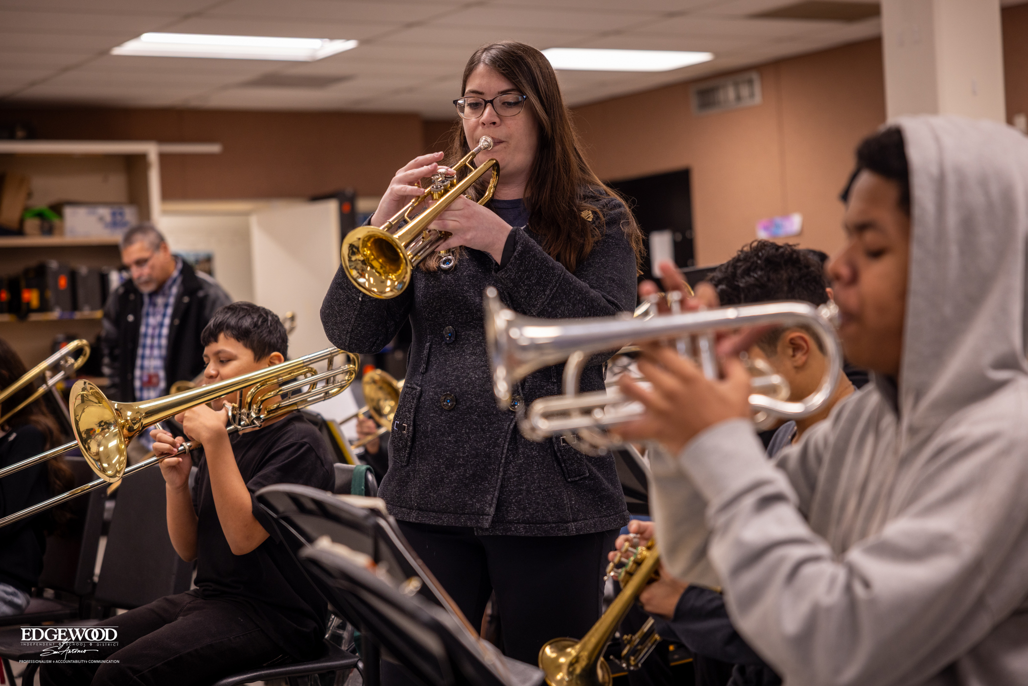 band teacher and students at Gus Garcia Univeristy School