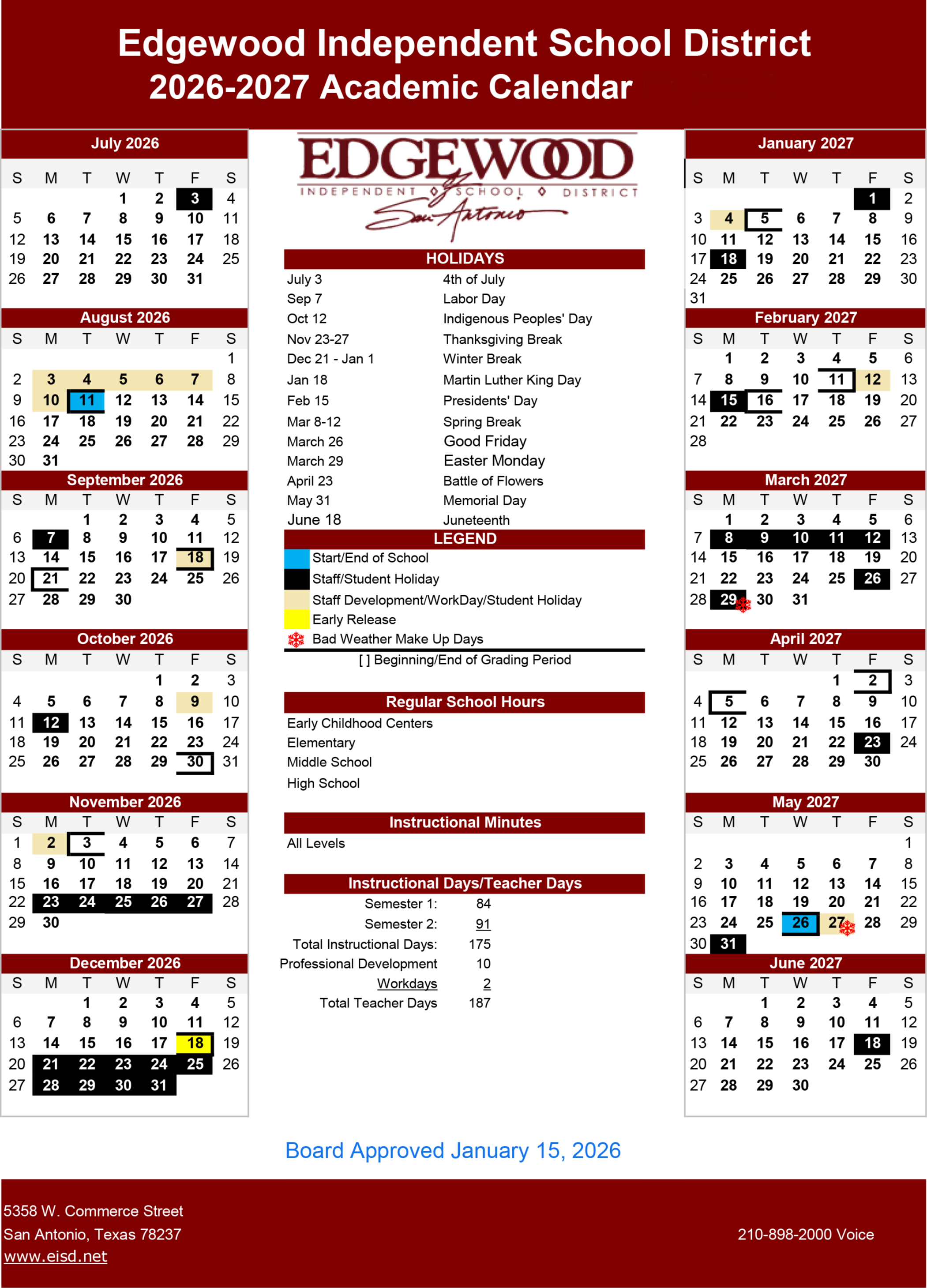 2026-2027 EISD Academic Calendar