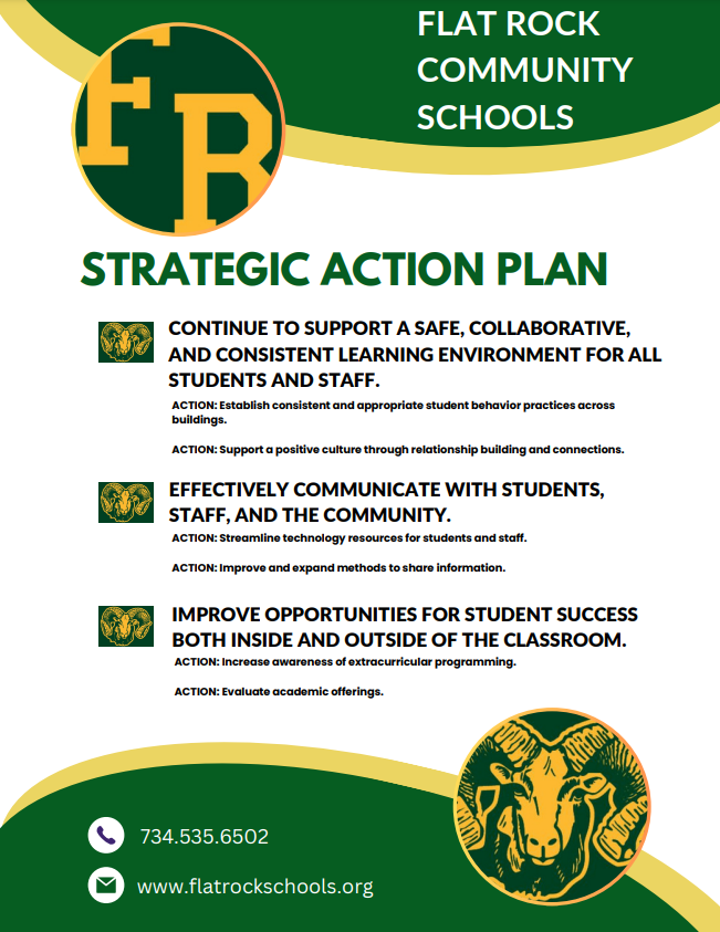 This is the Flat Rock Community Schools Strategic Action Plan. It includes continued support of a safe, collaborative, and consistent learning environment for all students and staff, effective communication with students, staff, and the community, and improved opportunities for student success both inside and outside of the classroom. Call 734.535.6502 for more information.