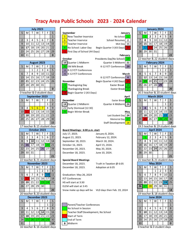 District Calendar Tracy Area Public Schools