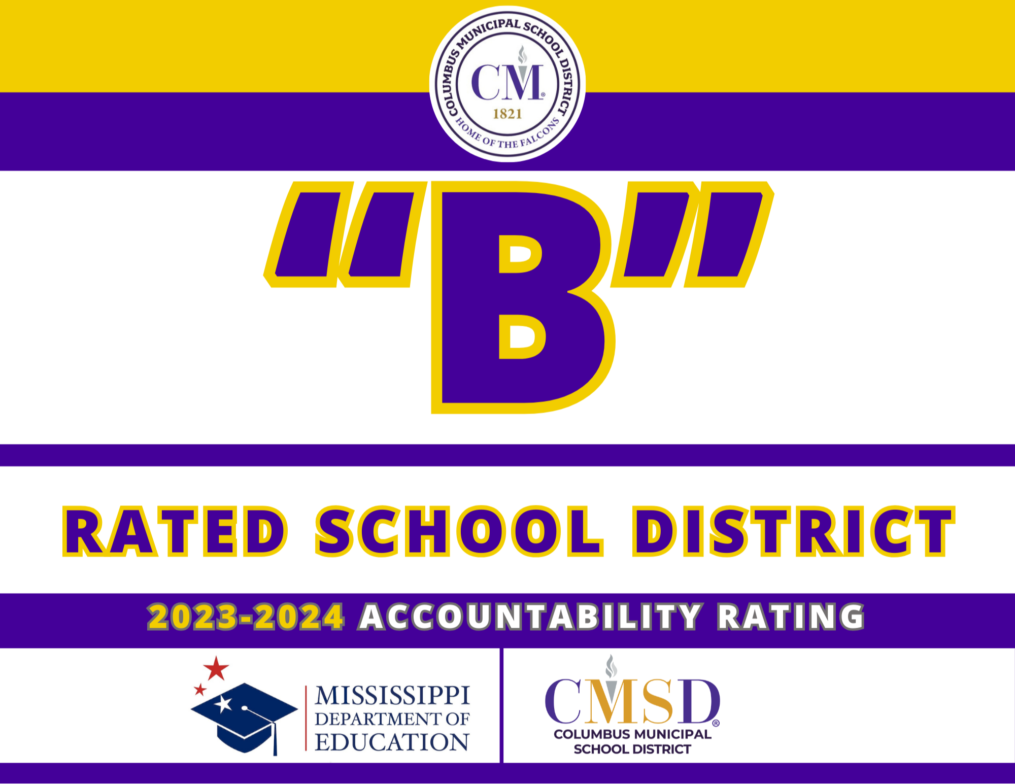 Columbus Municipal School District, "B" Rated School District. 2023-2024 Accountability Rating. Mississippi Department of Education