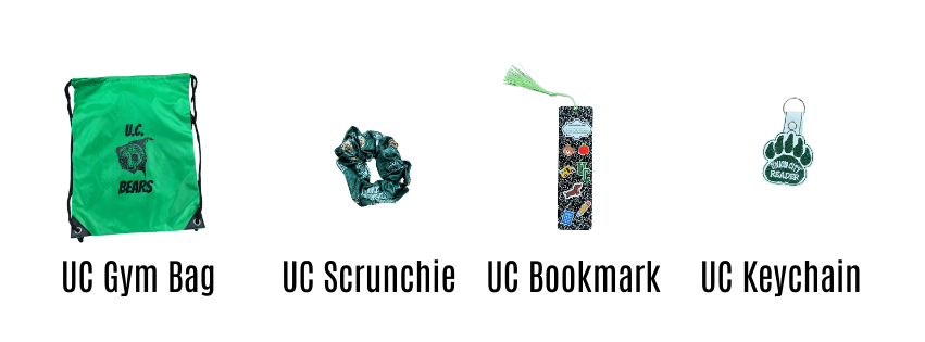 pictures of prizes: gym bag, scrunchie, bookmark, or keychain