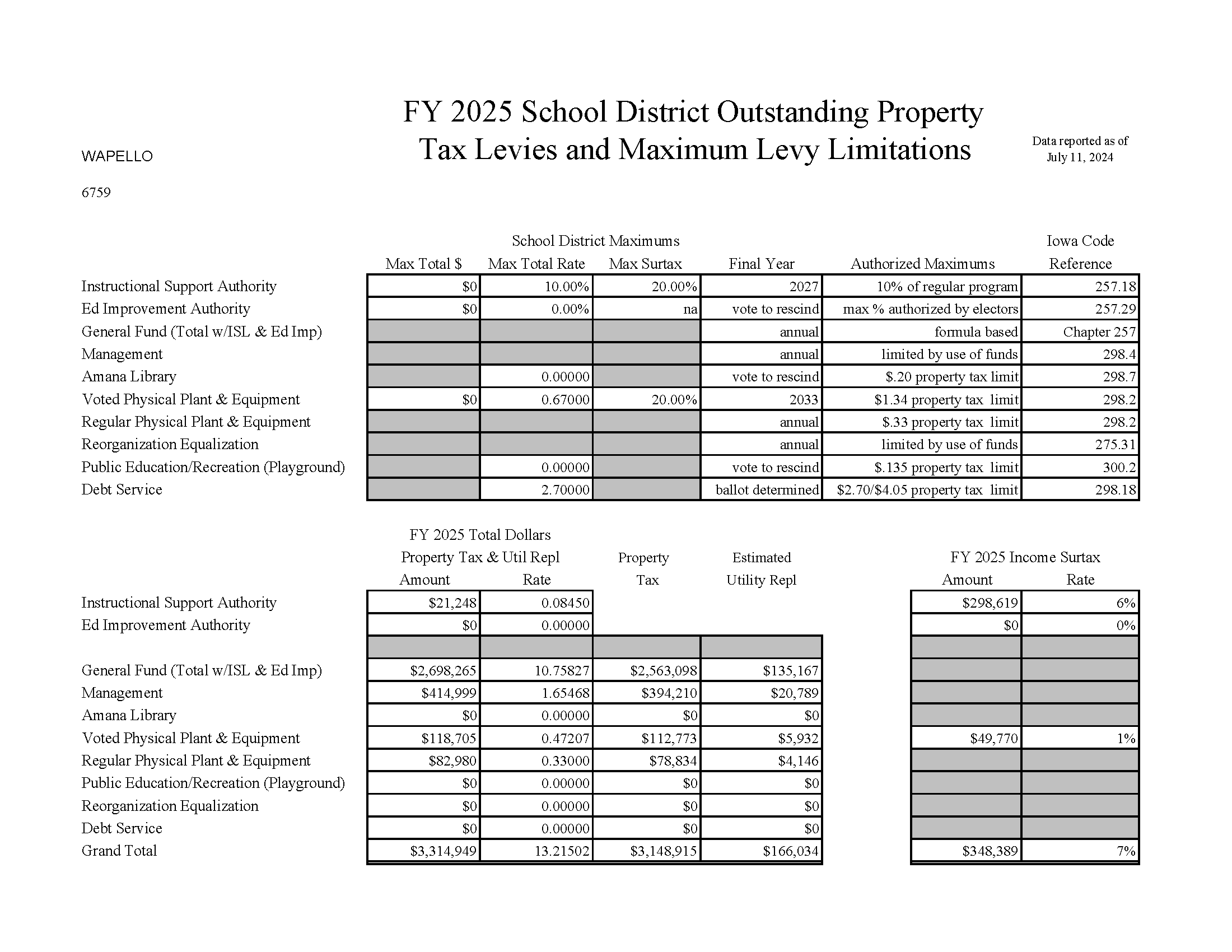 Outstanding Property Tax Levies and Maximum Levy Limitations FY25