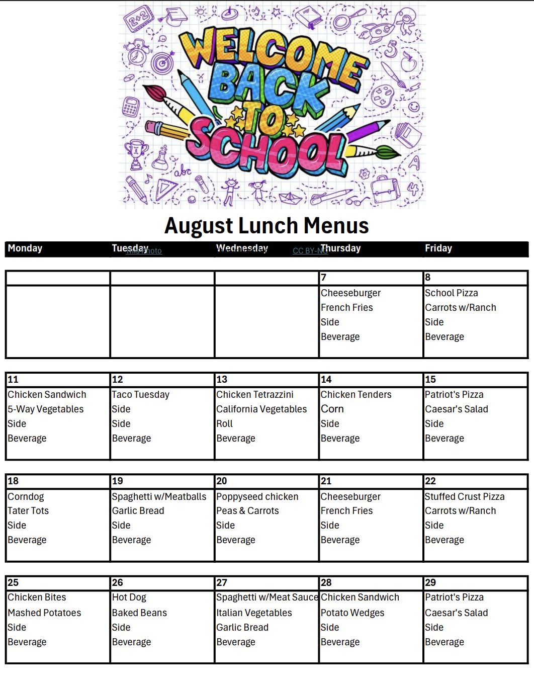 August Lunch Menu 