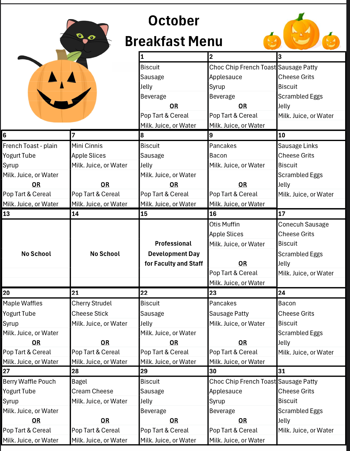 October Breakfast Menu
