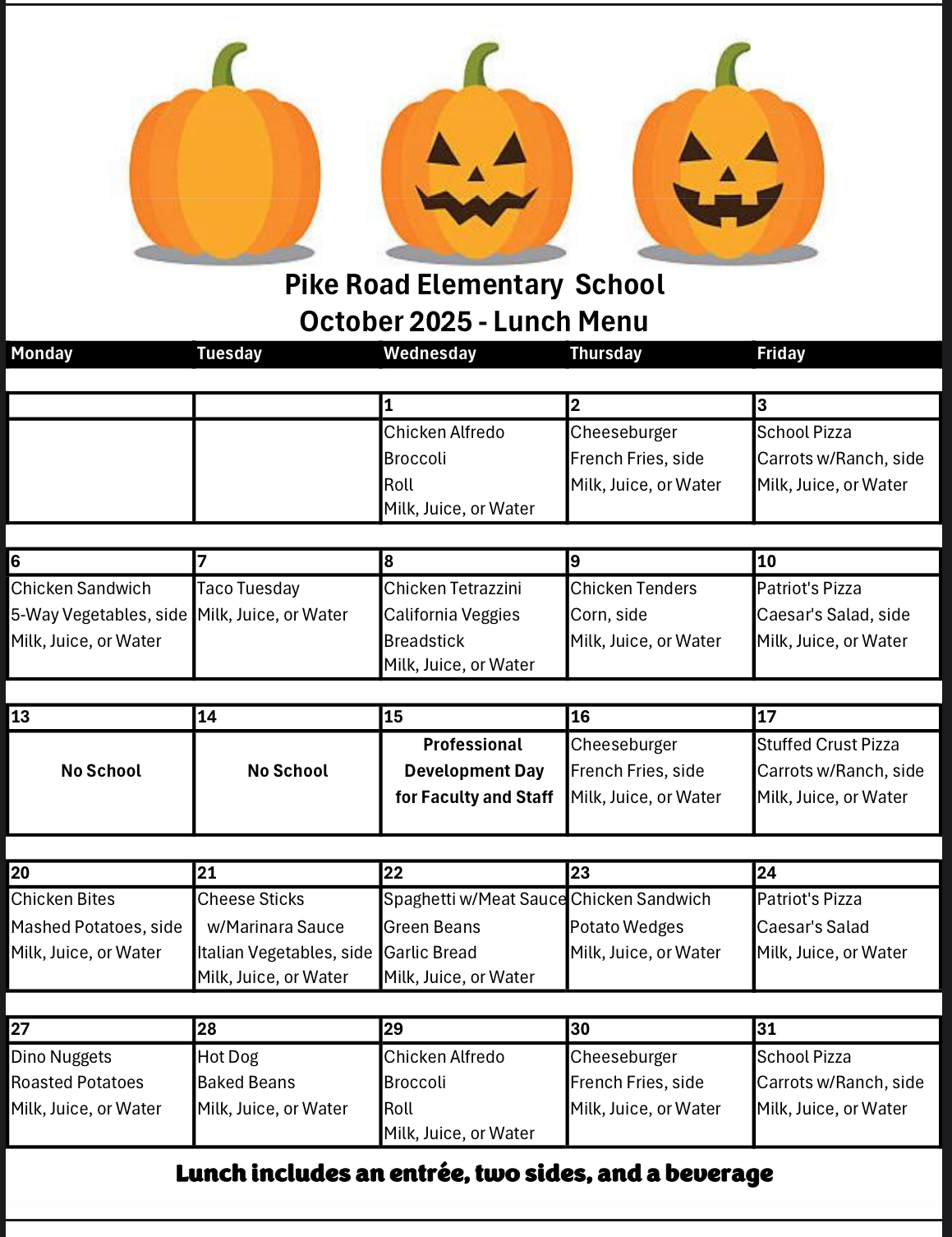 October Lunch Menu