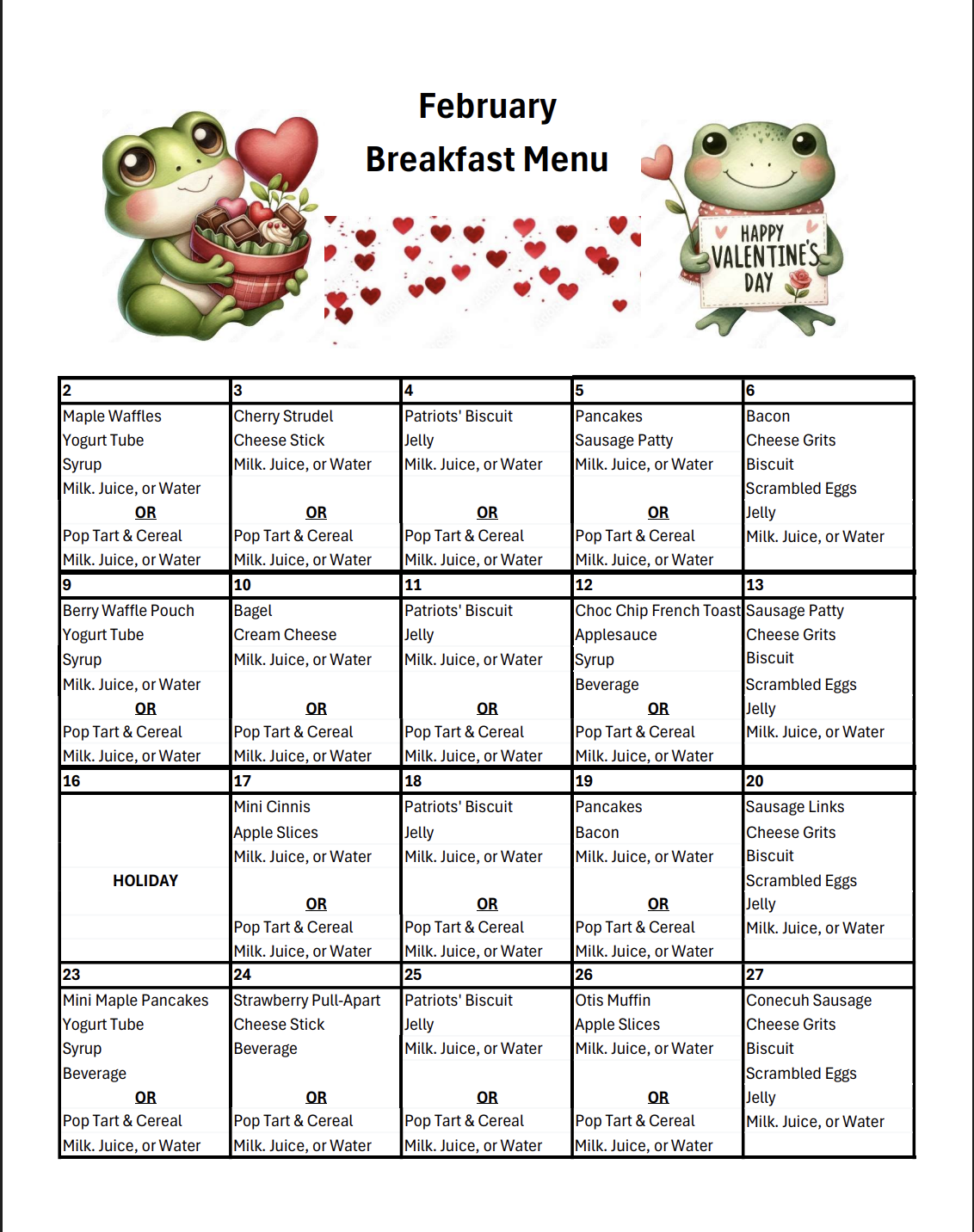 February Breakfast  Menu 