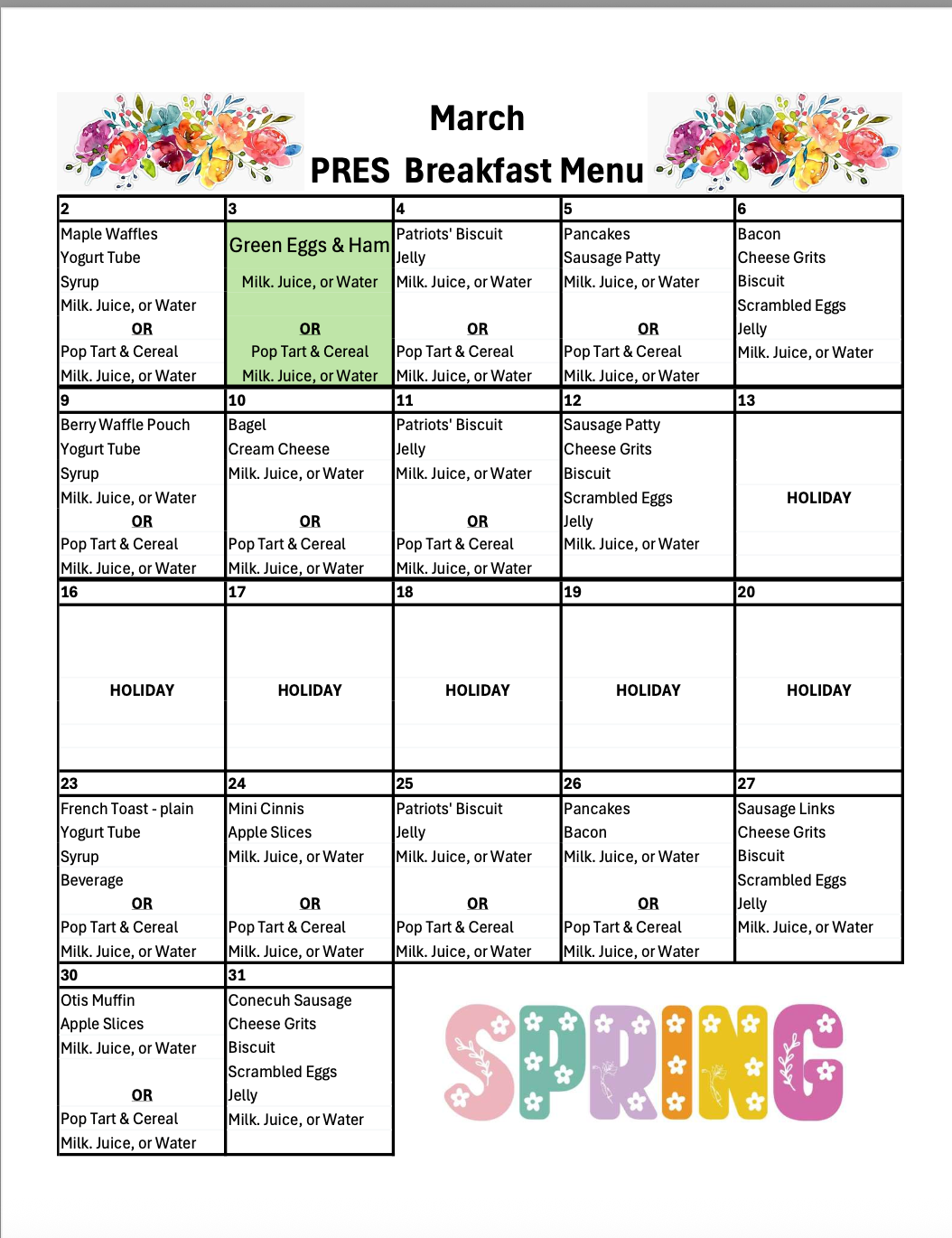 March Breakfast Menu 