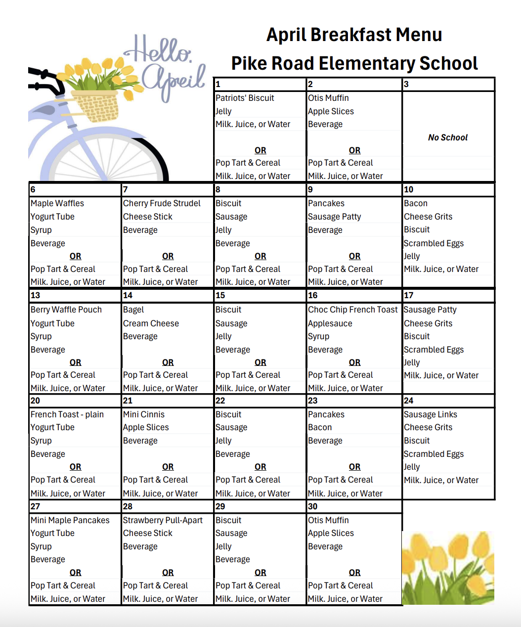 April Breakfast Menu 