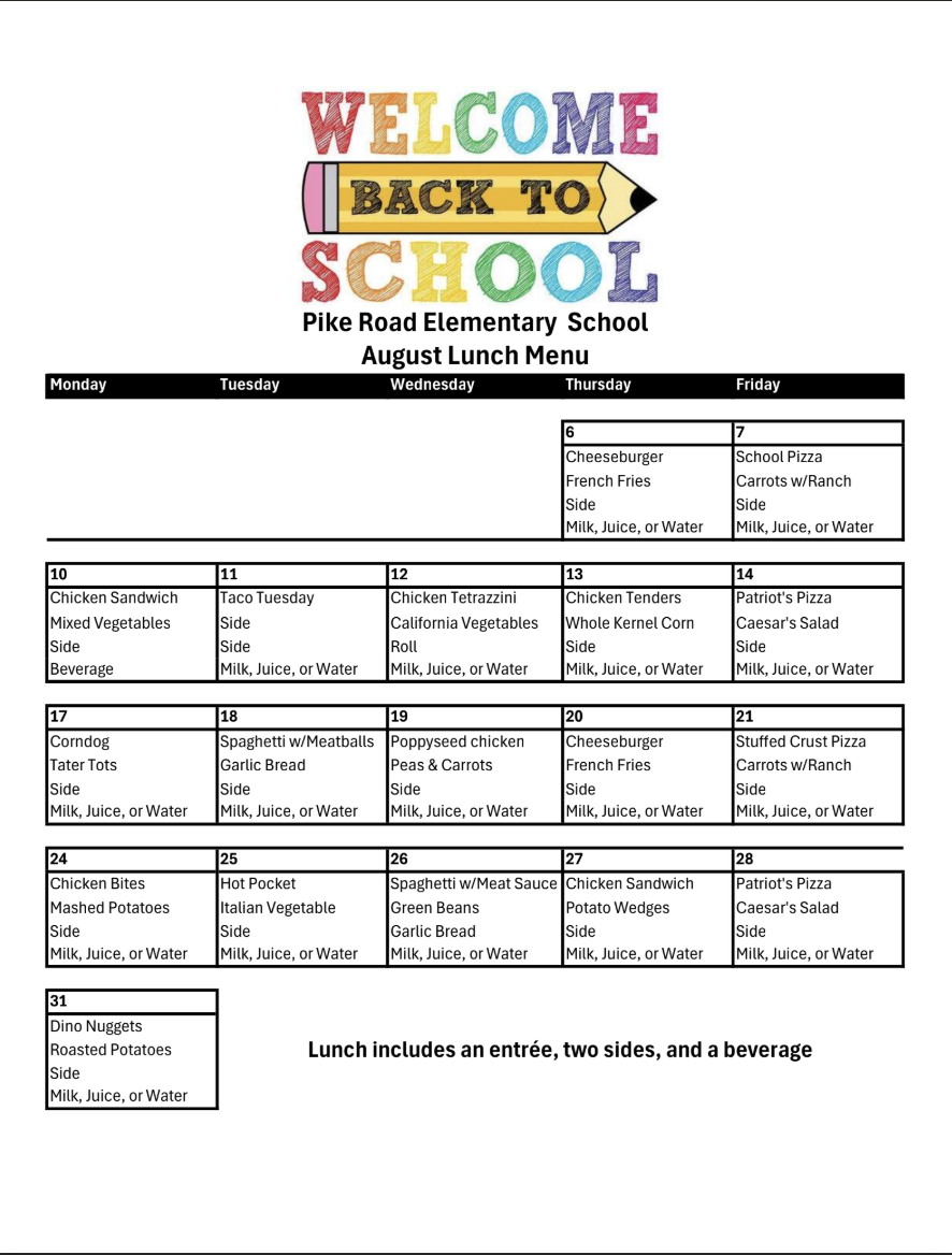 Lunch Menu (August) 