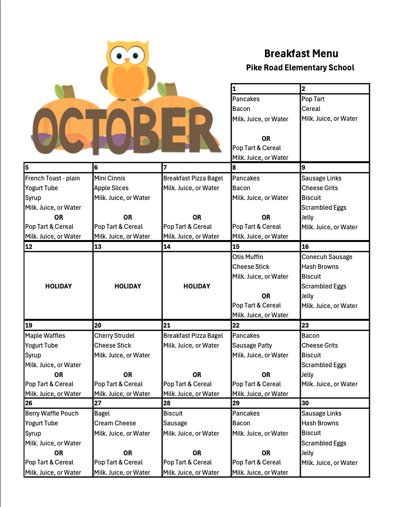 October Breakfast Menu